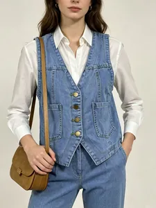 Gilet en jean sans manches bleu clair avec boutons dorés et jean taille haute assorti