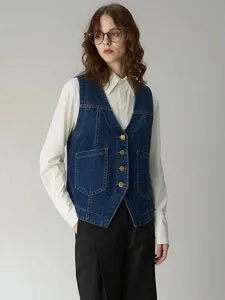 Gilet en jean ajusté pour femme avec col en V et gros boutons dorés en bleu foncé