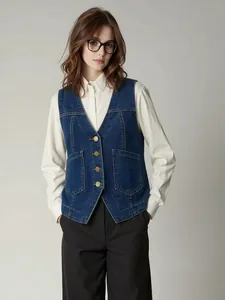 Gilet En Jean Pour Femmes Sans Manches Décolleté En V Boutonné Coupe Slim Court Haut En Jean Poche Casual Bleu