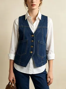 Détails du gilet en jean bleu foncé avec boutons dorés vintage et coutures jaunes