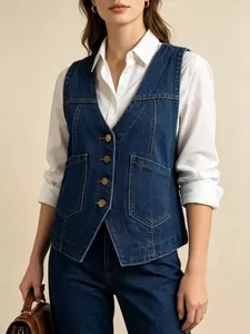 Détail d'un gilet en jean bleu foncé avec boutons dorés vintage et coutures contrastées