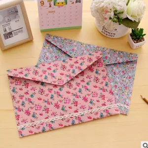 Floral A4 fabric file folders with elegant white lace trim and metal snap button closure