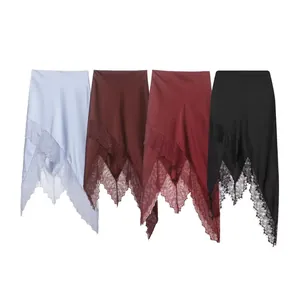 Damen Satin Rock Schwarz Asymmetrisch Mit Eleganter Wimpernspitze Hohe Taille Patchwork Gerader Langer Rock Für Party