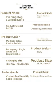 Specifications for acrylic evening bag: 28.5x25x8cm size and 652g lightweight design