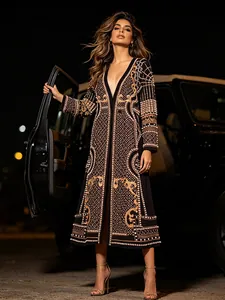 Trench-Coat Baroque de Luxe pour Femmes Broderie Lourde Ornement de Künstliche Perles Fil d'Or Col en V Pardessus Long Style Palais