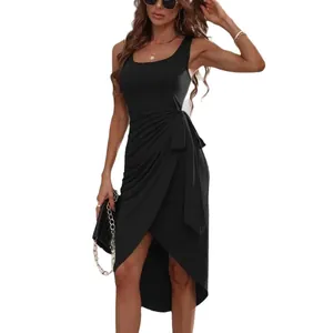 Sleeveless black midi dress with side tie-up detail and asymmetrical hemline design
