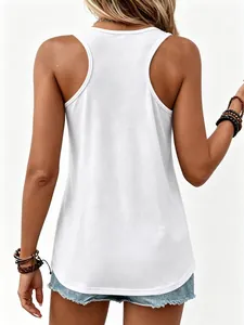 Close-up of white racerback tank top back detail with bohemian style wood bead bracelets