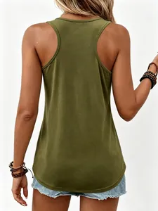 Detail view of military green racerback tank top with curved hem and soft texture