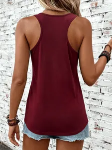 Rear view of wine red racerback tank top with curved hem and ribbed texture