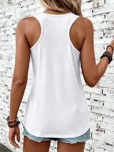 Detailed back view of a slim fit white racerback tank top with a curved hem design