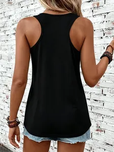 Close-up of black racerback tank top for women with ribbed texture and bohemian jewelry