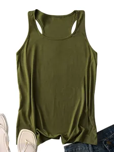 Detail of army green racerback tank top with casual denim shorts and summer sandals