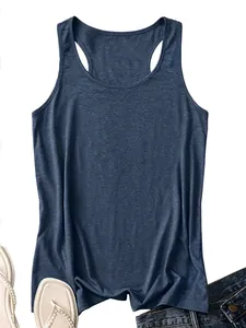 Detailed flat lay of women's racerback tank top in dark blue heather cotton blend