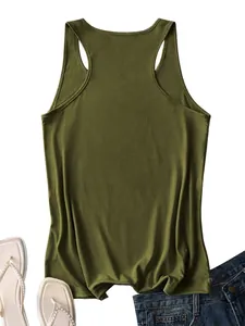 Flat lay of olive green racerback tank top with jeans and pearl sandals for summer