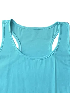 Detailed close-up of blue tank top neckline showing double-stitched reinforced seams