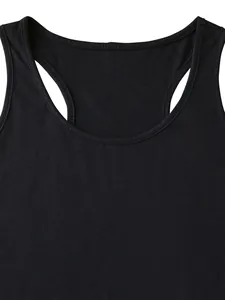 Detail of pure black racerback tank top showing cotton fabric texture and neck stitching
