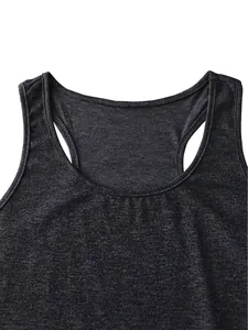 Detail of heather gray racerback tank top showing neckline and knit fabric texture
