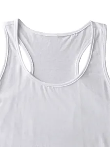 Detail view of the fine stitching and high-quality cotton fabric on white racerback tank top