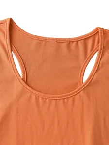 Close-up of double-needle stitching on the crew neck of an orange knit tank top