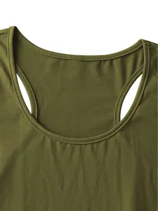 Close-up of olive green racerback tank top neckline featuring premium knit texture