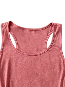 Close-up of the heathered fabric and stitching on a rust red racerback tank top