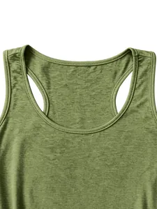 Detailed close-up of olive green ribbed texture on a summer sleeveless tank top neckline