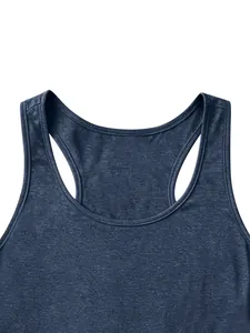 Detailed close-up of navy blue racerback tank top with soft knit texture and scoop neck