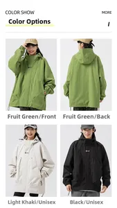 Detail view of hooded windbreaker in green, khaki, and black colors with back display
