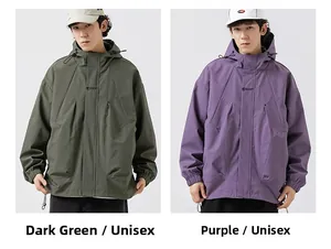 Detail view of hooded windbreaker jackets in dark green and purple with elastic cuffs