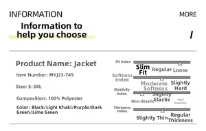 Size chart and fabric details for men's relaxed-fit hooded outdoor jacket in multiple colors