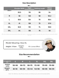 Detailed size guide for men's outdoor jacket showing measurements from S to 3XL