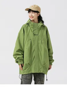 Detail of army green hooded cargo jacket featuring black EXCELLENT RESULT chest print