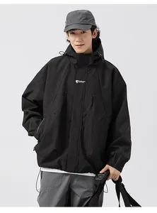 Detail of men's hooded functional jacket with EXCELLENT RESULTS chest print and texture