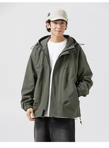 Detail of army green hooded cargo jacket featuring drawstring hood and windproof fabric
