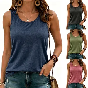 Women's Casual Solid Color Racerback Tank Top Round Neck Sleeveless Cotton Blend Loose Fit Summer Vest Top