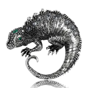 Vintage silver chameleon lizard brooch with grey stones and green accents for men's suits