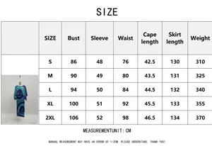 Tabla de tallas detallada para vestido estampado y chal de mujer desde la S a 2XL
