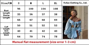 Detailed size chart for sexy V-neck tiered top and pleated mini skirt set in blue