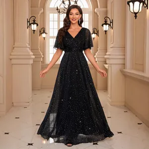 Elegant V Neck Sequin Evening Gown For Women Ruffle Short Sleeve High Waist A Line Maxi Dress For Wedding Party Banquet