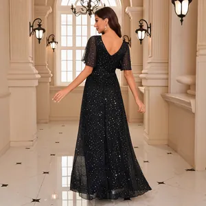 Elegant black V-neck sequined evening gown with ruffle sleeves and starry shimmer effect