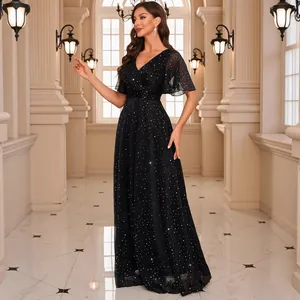 Elegant V-neck black evening gown with sequin star pattern and flutter sleeves