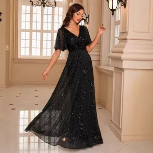 Elegant black deep V-neck evening gown with silver sequins and ruffled sleeves