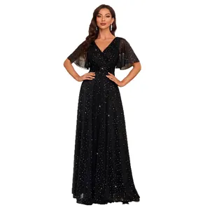 Elegant black sequin evening gown with deep V-neck and flutter sleeves in floor-length cut