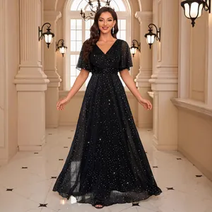 Elegante Abito da Sera Con Paillettes Scollo a V per Donna Manica Corta Volant Vita Alta Linea A Maxi Vestito per Matrimonio Festa