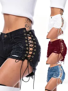 Sexy Distressed Denim Shorts Women Side Lace Up Bandage Ripped Hot Pants Cotton Blend Nightclub Street Fashion Low Waist
