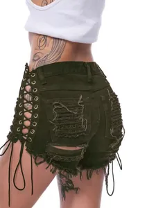 Army green high waist denim shorts with side lace-up eyelets and distressed fringe detail