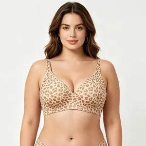Seamless leopard print deep V-neck wireless bra with soft support for women