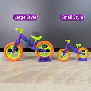 Creative purple and green toy balance bike model set with display stands in two sizes