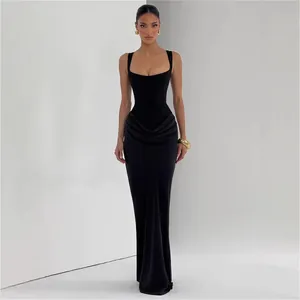 Elegant black square neck sleeveless bodycon maxi dress with side ruched pleat details