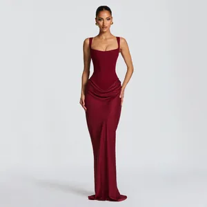 Elegant wine red corset evening dress with square neck and pleated slim fit design